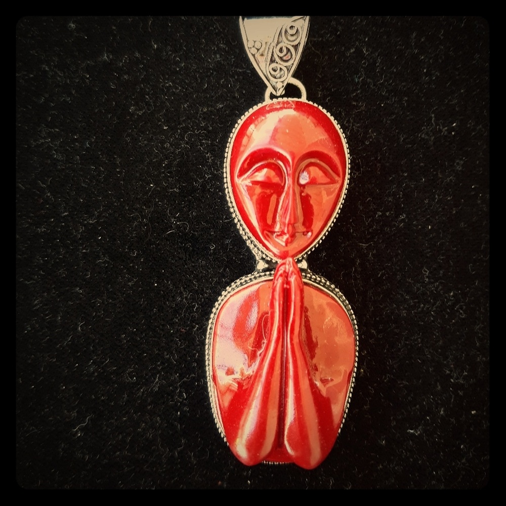 New Red Carved Praying Goddess 925 Silver Pendant.
